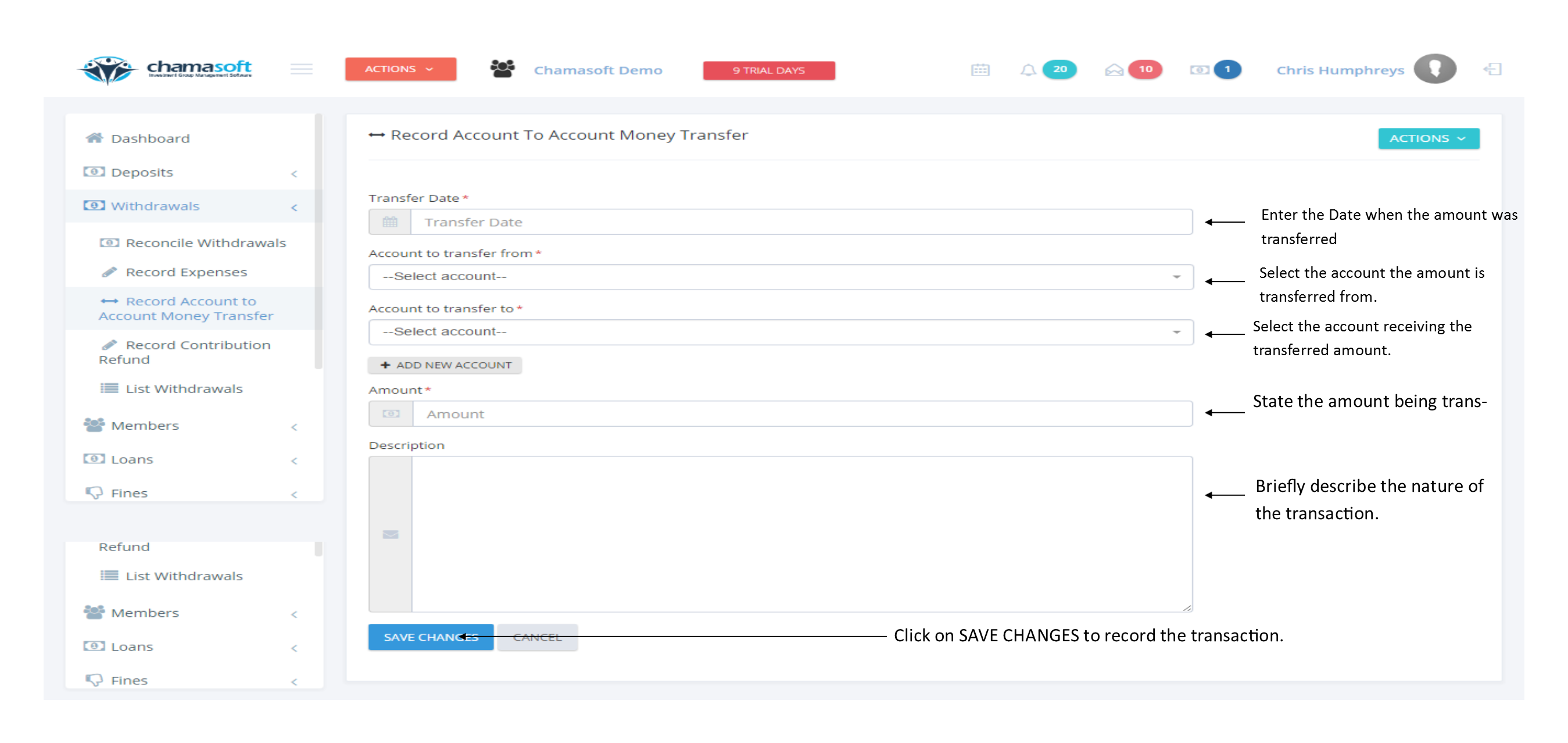 Recording Account To Account Money Transfer