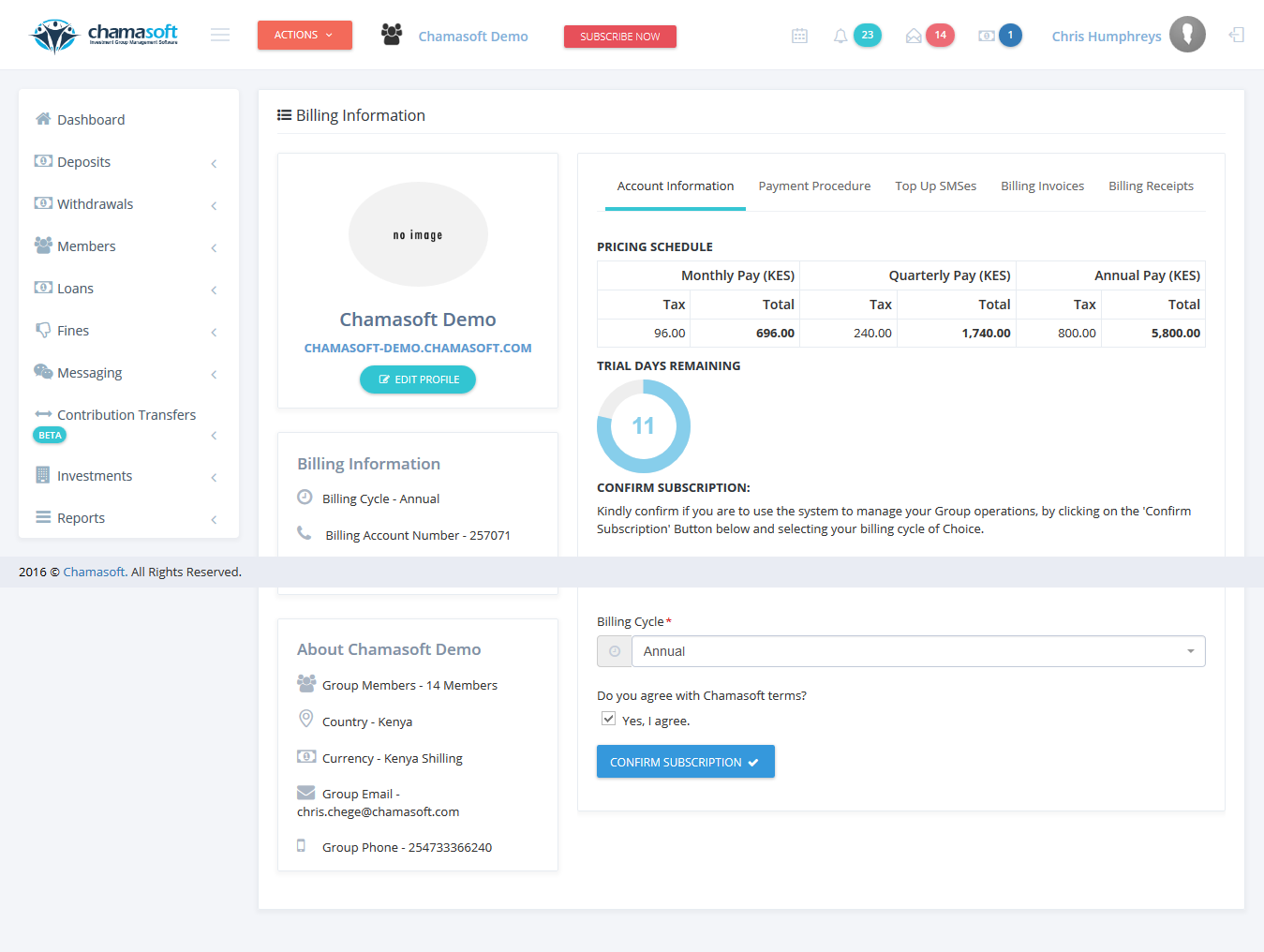 Fig 1: Billing information