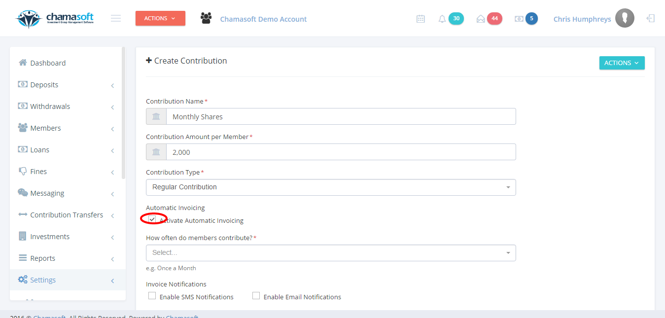 Fig 1: Creating a Contribution Invoice